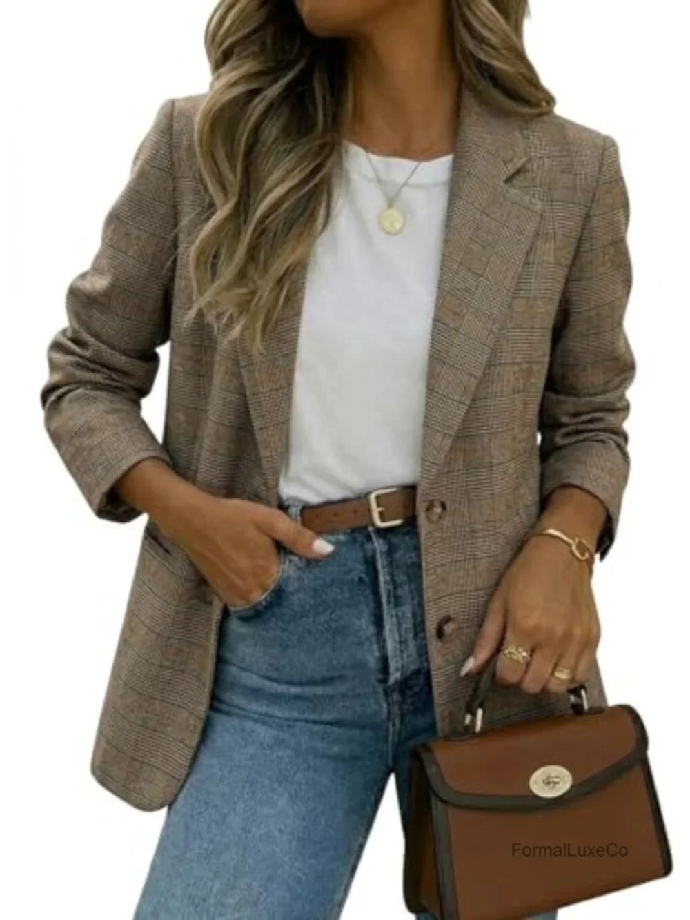 Lightweight Notched Lapel Plaid Blazer with Pockets for Work & Casual